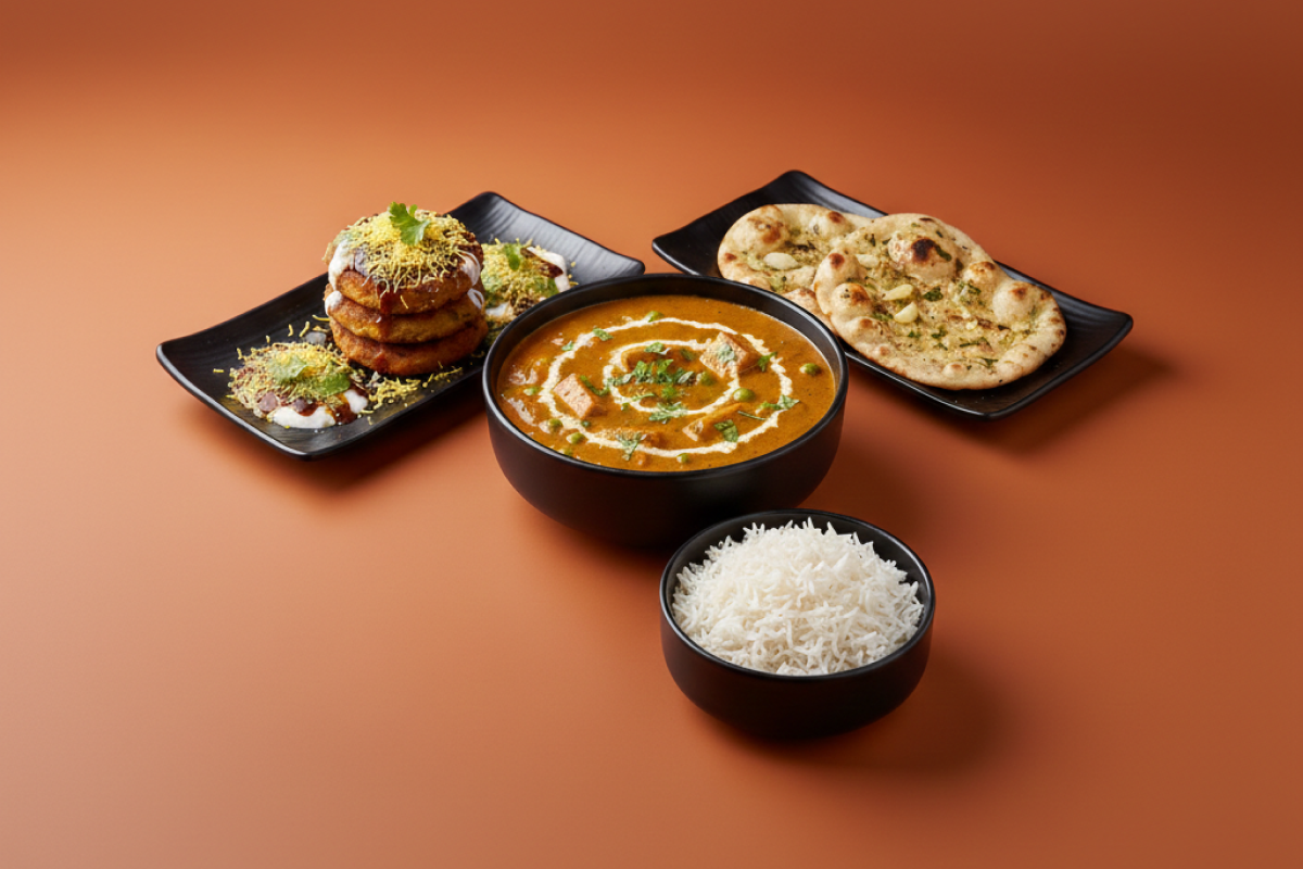 GBC Veg Combo (Aloo Tikki Chaat (V), Mutter Paneer (GF), Garlic Naan, Plain Rice)